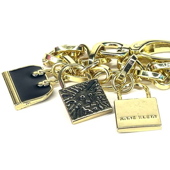 VTG Anne Klein CHARM BRACELET Black Enameled Handbag & Lion Logo Locket Bar Link - Picture 4 of 6
